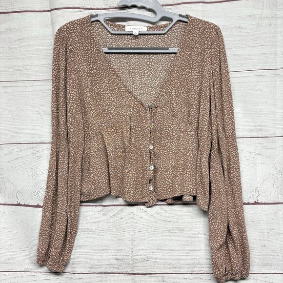 Kirious tan animal print Deep V cropped top button size L - Picture 1 of 13
